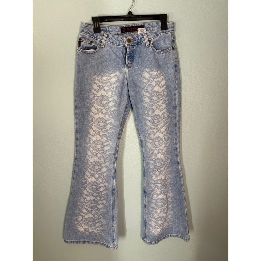 Vintage MUDD Jeans Light Wash Lace Print Flare Leg Y2K Denim Size 9 Low Rise